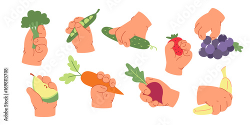Children and healthy eating. Simple and cute illustration of kids hands holding vegetables and fruits for kids menu