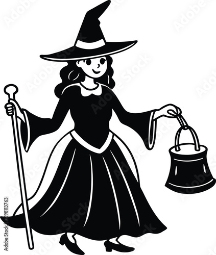 A black silhouette of a witch in a pointed hat, holding a broom and a bucket, walking.