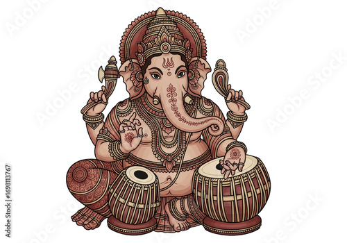 PNG cut out isolated background. A detailed, traditional illustration of the Hindu deity Lord Ganesha playing the tabla drums.
