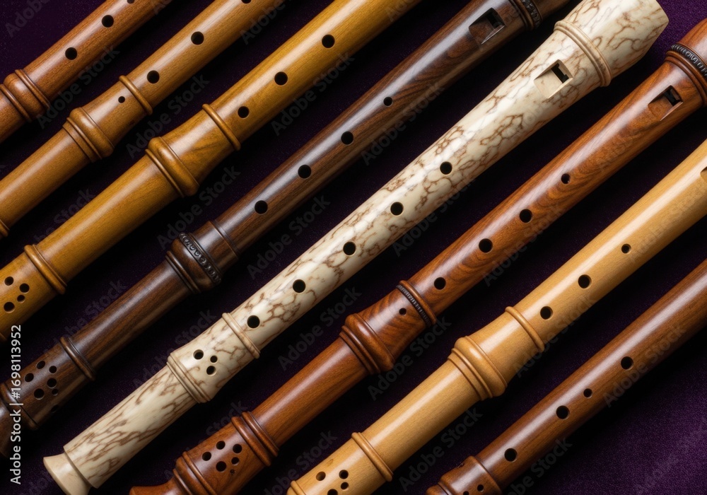 Fototapeta premium Beautifully Crafted Wooden Recorders Forming a Diagonal Pattern