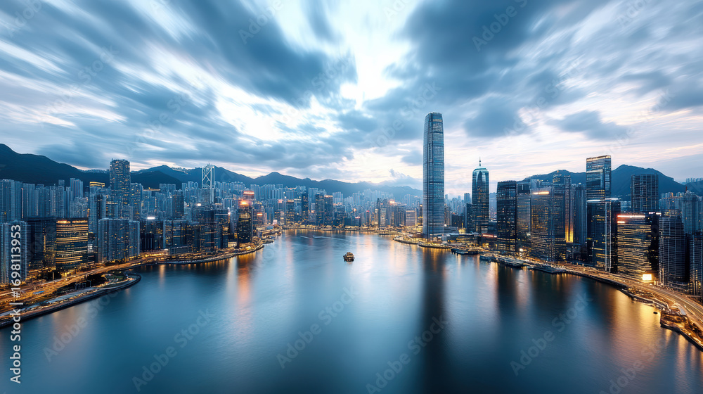 Fototapeta premium Stunning skyline view with illuminated skyscrapers reflecting on water at dusk