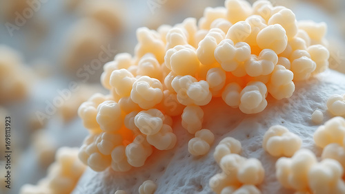 A microscopic image of Candida auris cells, showing their oval shape, smooth surfaces, and characteristic clustering of this pathogenic fungus. 