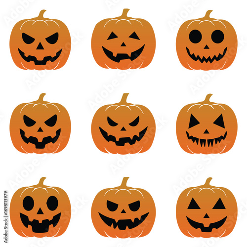 Halloween Pumpkins Collection of Carved Jack-o'-Lanterns with Various Expressions