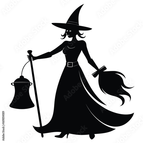 A black silhouette of a witch in a pointed hat, holding a broom and a bucket, walking.
