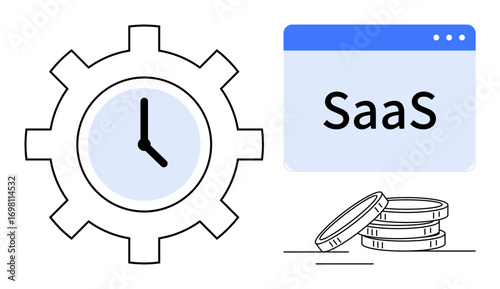 Gear with clock suggesting time management, SaaS browser window, and stacked coins representing financial concepts. Ideal for SaaS, efficiency, productivity, time management, business, profitability
