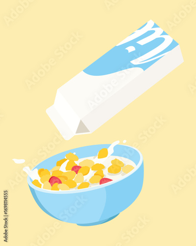 Bowl of cereals with milk and milk carton. Corn flakes morning food. Healthy breakfast