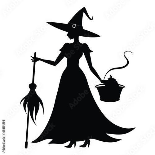 A black silhouette of a witch in a pointed hat, holding a broom and a bucket, walking.