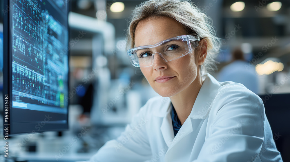 Fototapeta premium Scientist lab coat and safety glasses analyzing data computer screen, focused and determined