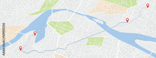 City map with GPS navigation route. City map with red location pin markers. Scheme of roads. planned travel path across river. Travel concept