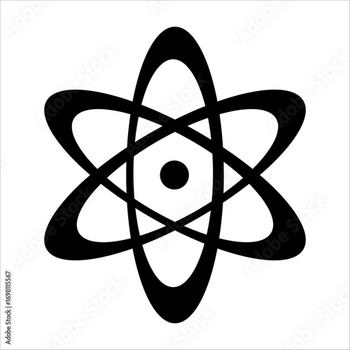 Black and white illustration of an atom symbol with orbiting electrons around a central nucleus.