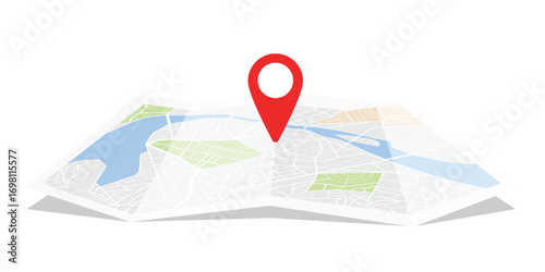 Folded city map with red location pin marker, isolated on white background. Scheme of roads