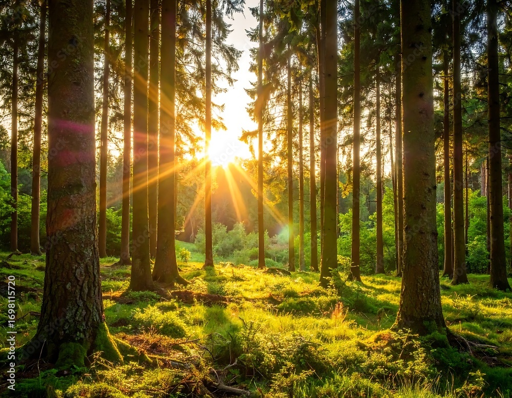 Obraz premium Golden sunset through forest canopy