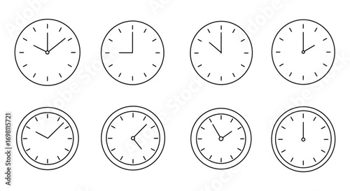 various clocks showing different times arranged neatly
