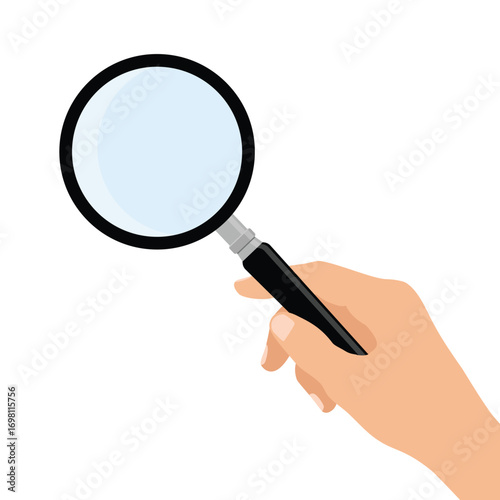 Human hand holding magnifying glass, isolated on white background