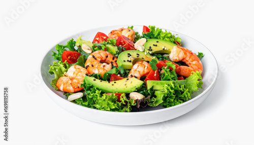 Delectable avocado and shrimp salad with tomatoes served in a bowl isolated on a bright white background