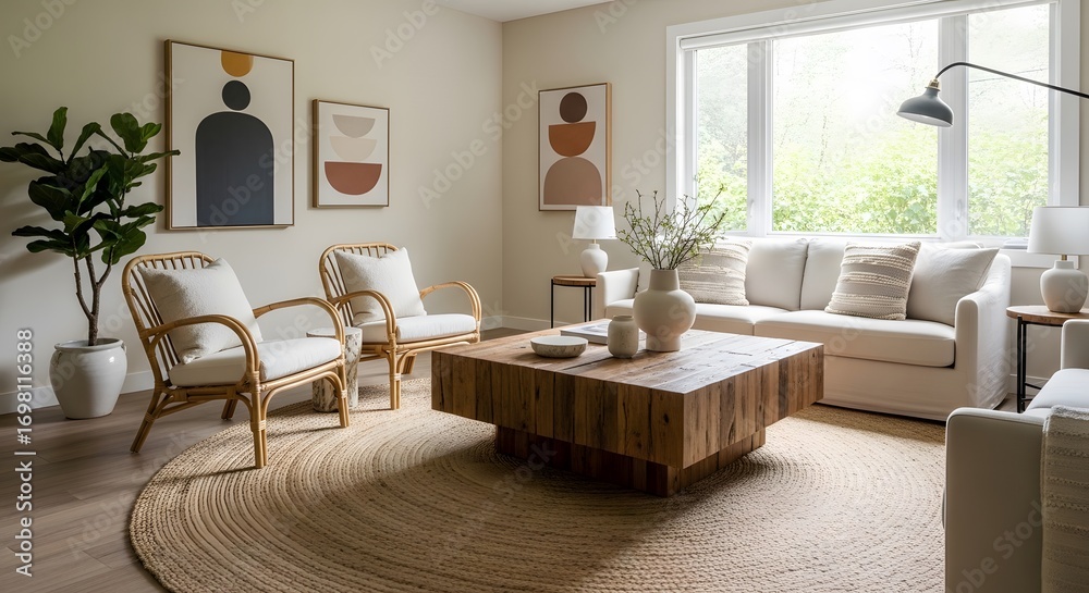 Fototapeta premium Cozy living room with natural light and modern decor