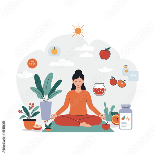 Vector illustration of a calm woman finding harmony and wellness through a holistic approach of meditation, healthy eating, and supplements