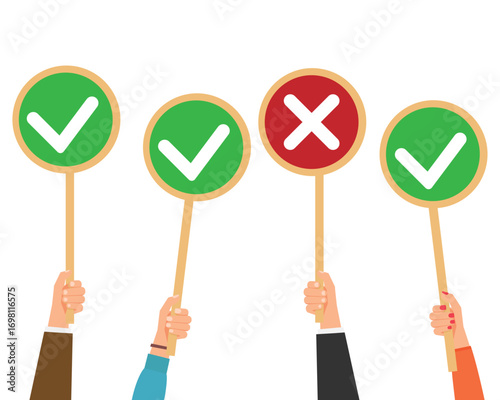 Group of people hands holding placards with green check mark and red X mark sign, positive and negative choice