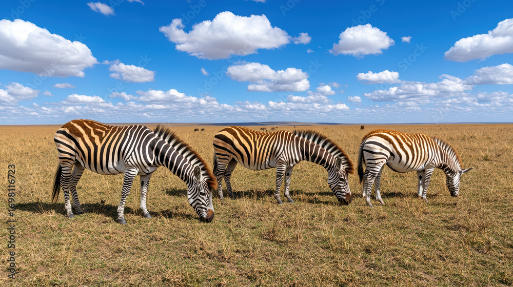 Obraz premium Zebra herd grazing on savanna under blue sky with fluffy clouds, showcasing nature beauty