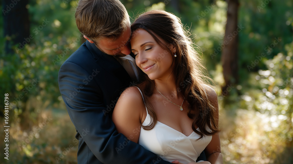 Fototapeta premium A tender hug between newlyweds, soft golden backlight, negative margin above.