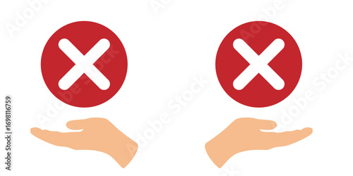 Hands holding placards with red X mark sign, negative choice. People giving feedback, vote. Say no vote