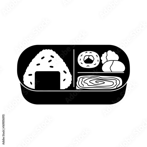 Stylized black and white bento box with onigiri and sushi