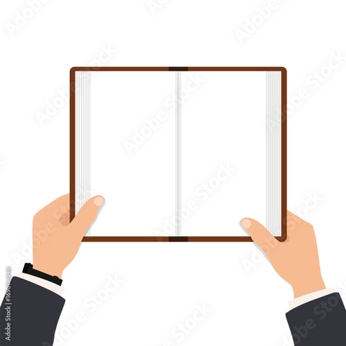 Hands holding open book with blank pages
