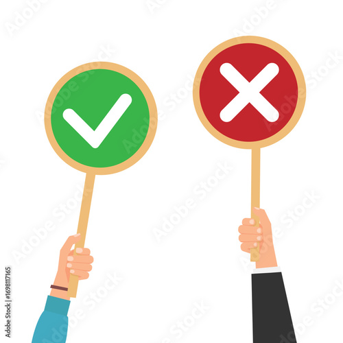 Group of people hands holding placards with green check mark and red X mark sign, positive and negative choice
