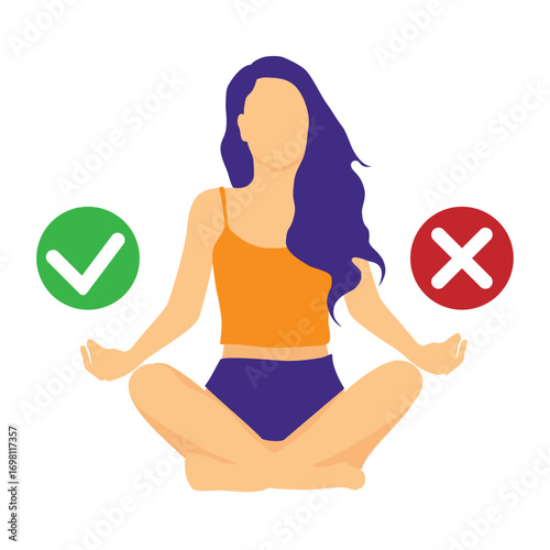 Make decision concept. Man meditating in a yoga pose check mark on one side and cross sign on other. Yes or no choise