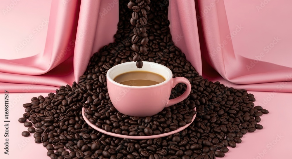 Obraz premium A cup of coffee surrounded by coffee beans with pink silk drapery