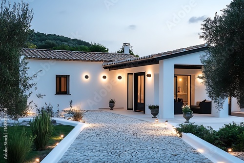 A sleek white modern house featuring elegant black-framed windows and lines.