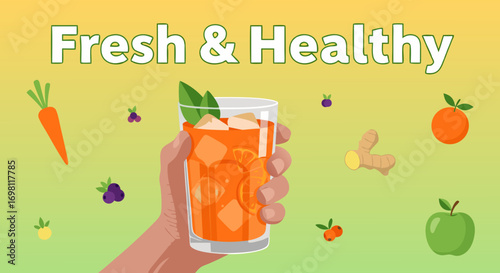 A hand holds a glass of iced fruit and ginger infusion. Floating ingredients like carrot, apple, and berries surround it on a gradient background. "Fresh & Healthy" concept banner for wellness and nut