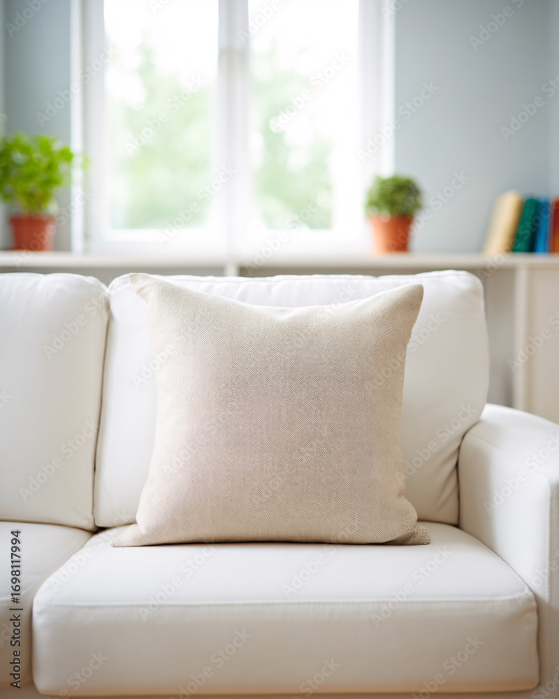 Fototapeta premium Cozy Beige Cushion on White Sofa in Bright Living Room