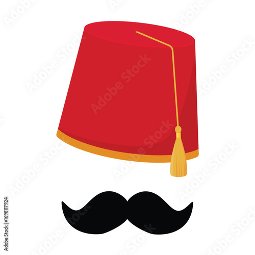 Red Turkish hat fez and black mustache, isolated on white background. Turkish symbol. Cartoon character