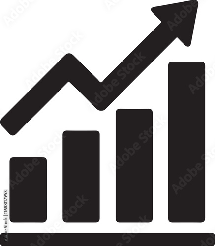 Bar chart with upward arrow silhouette icon for growth, business, finance, analytics and data.