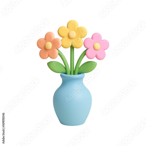 Cute 3d cartoon flowers in a light blue vase isolated on transparent background