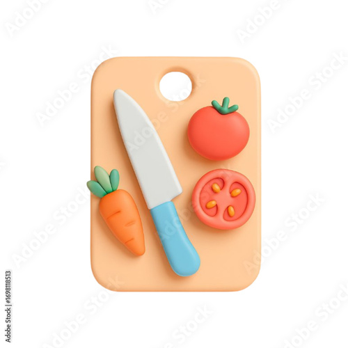 Cute 3d cartoon cutting board with knife carrot and tomato isolated on transparent background