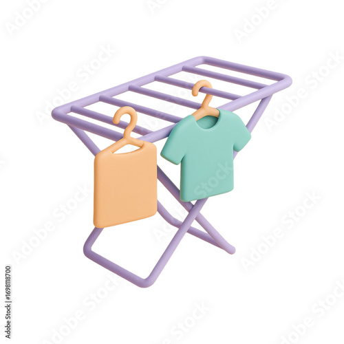 Cute 3d rendering of a drying rack with two shirts hanging on hangers isolated on transparent background