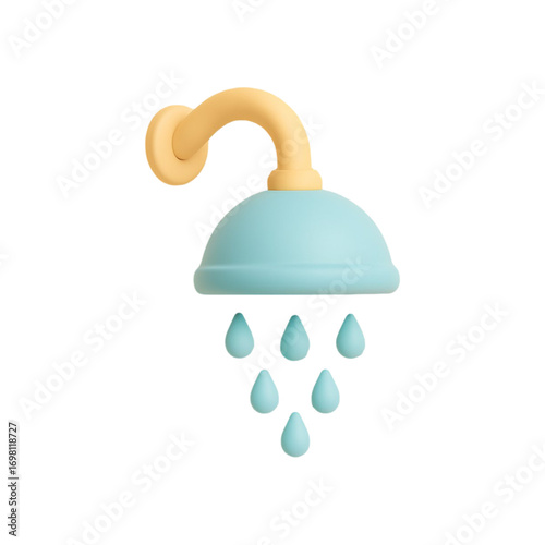 Cute 3d shower head with water drops isolated on transparent background