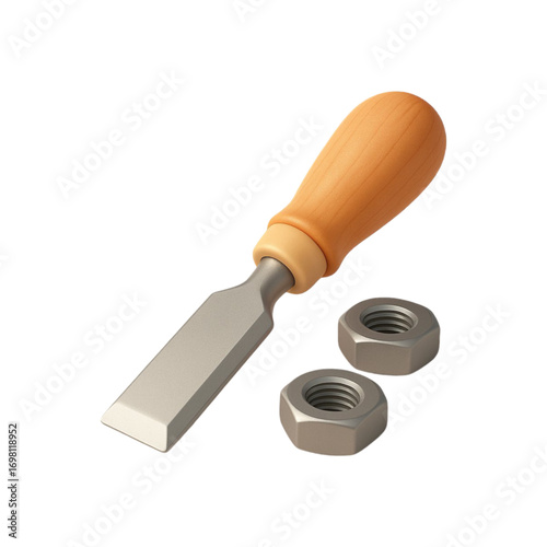 Chisel and nuts woodworking tools isolated on transparent background