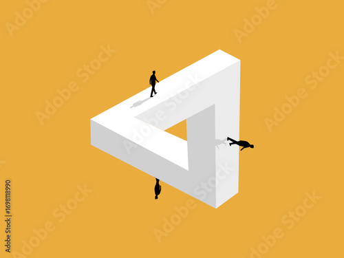 team of businessmen walks confusedly on an illusory triangle