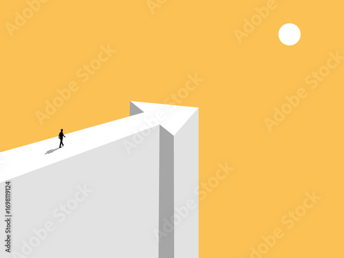 Success, businessman walking along a cliff, arrows pointing a new direction
