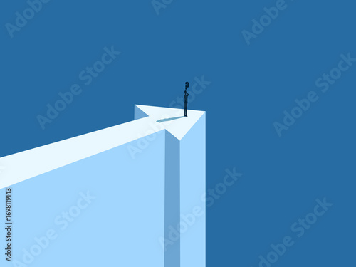 confused businessman standing on a cliff, arrows pointing a new direction