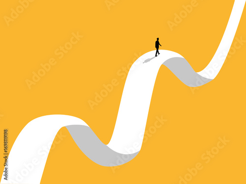 Businessmen walking on a turbulent and winding road.