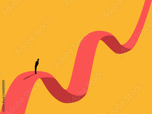 Businessmen standing looking at a turbulent and winding path.