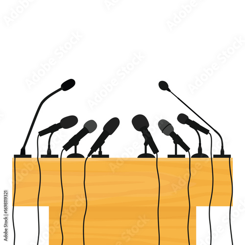 Wooden tribune podium rostrum speech stand with microphones, isolated on white background