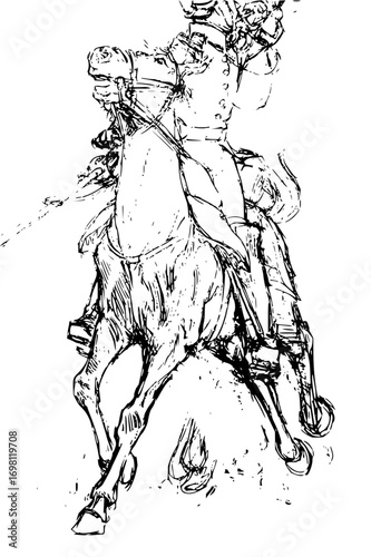 Dynamic sketch of a rider on horseback, embodying power and historical charm in monochrome strokes