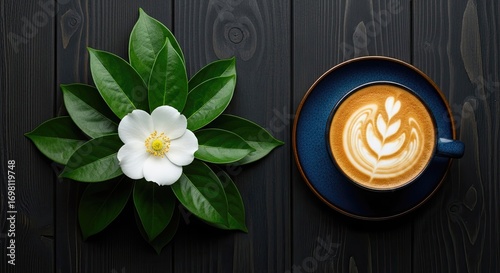 Coffee latte art next to a white flower and leaves