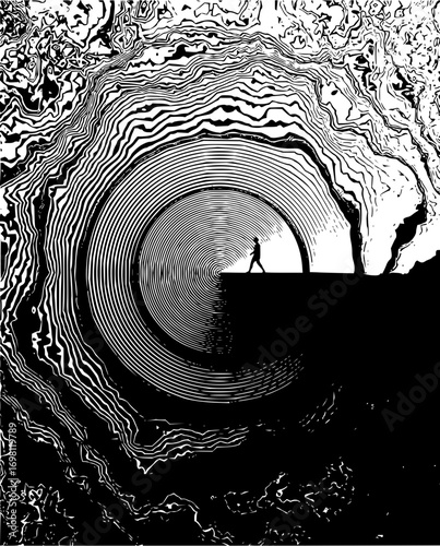 Striking monochrome illustration person walking to light at tunnel edge artful vision quest journey