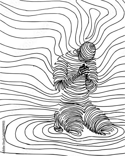 Striking abstract line art of a person praying in minimalist style, conveying peace and spiritual connection